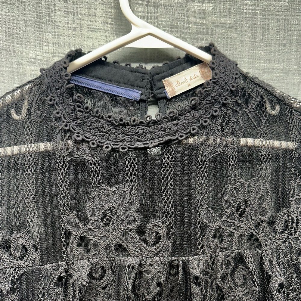 Altar'd State Black Lace Blouse Sheer Lace arms/chest Sz. Medium Flowy scalloped - Picture 3 of 10